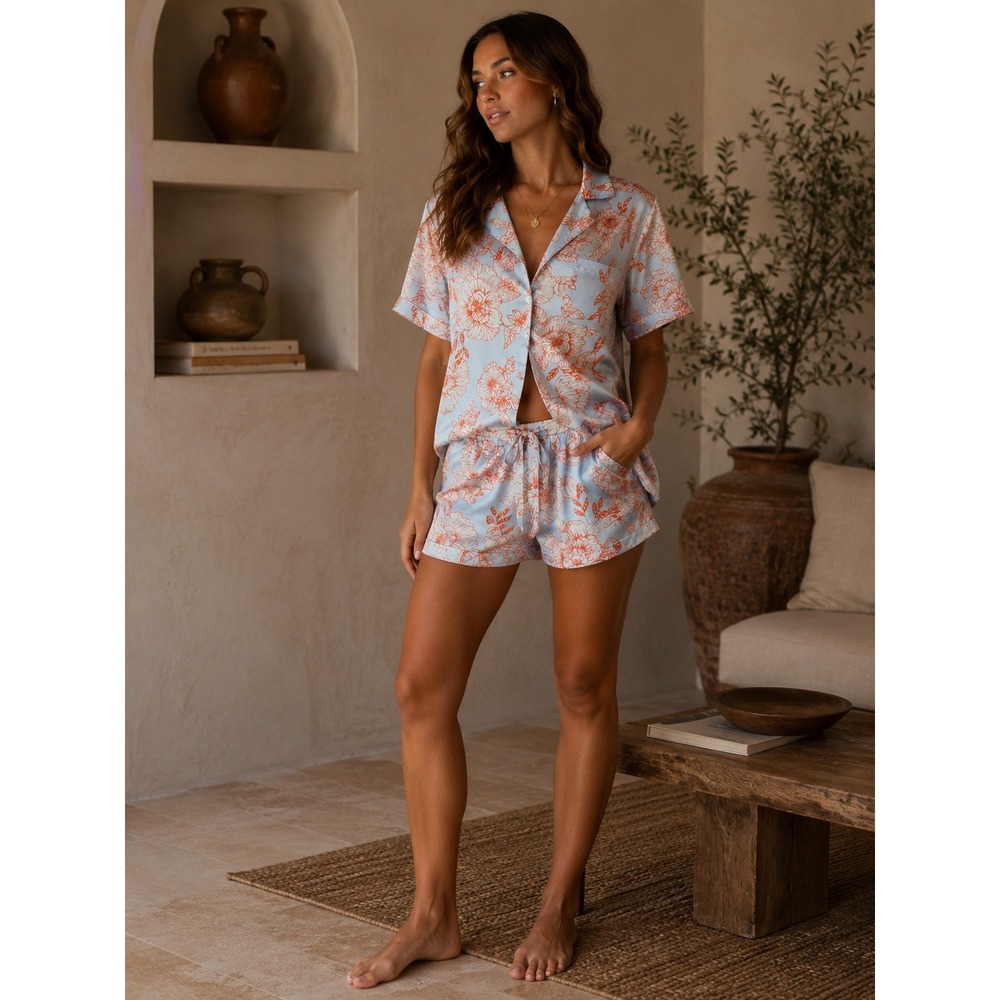 Joie Pajama Set Womens Large Blue Floral Satin Lounge Sleepwear Co-ord
